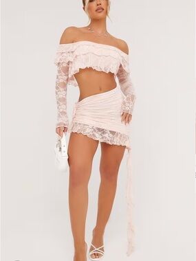 EGO Pink Bardot Lace Crop Top & Asymmetric Mini Skirt Set